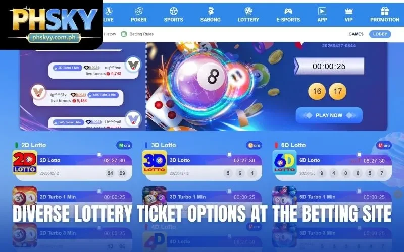 Diverse lottery ticket options at the betting site