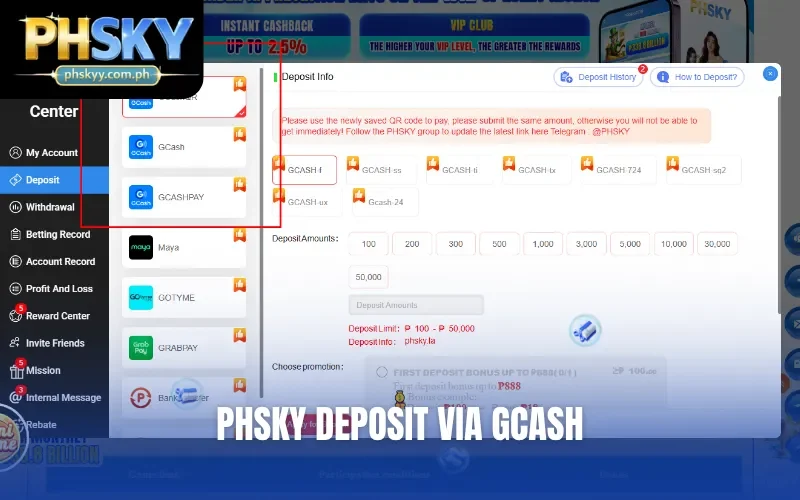 PHSKY deposit via Gcash