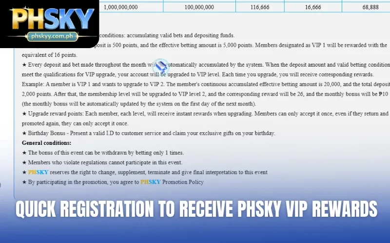 Quick registration to receive PHSKY VIP Rewards