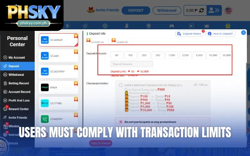 Users must comply with transaction limits