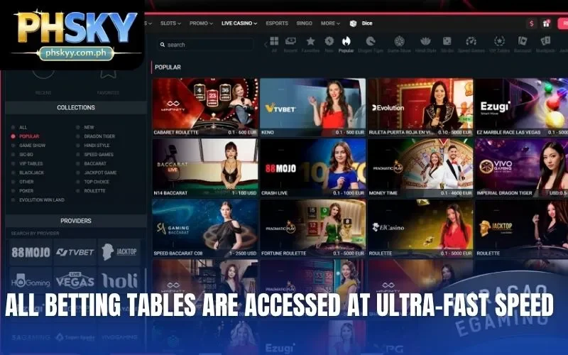 All betting tables are accessed at ultra-fast speed